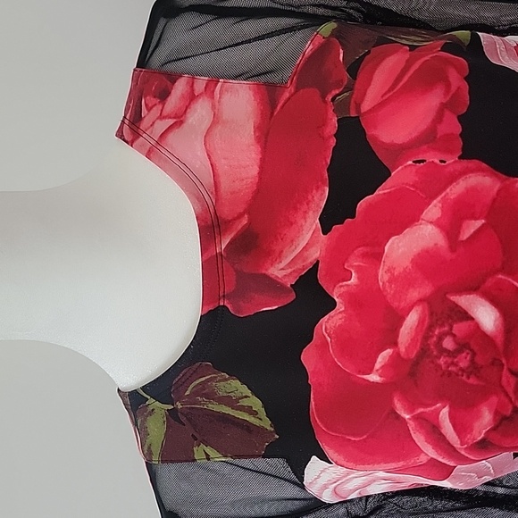 Enfocus Studio Red Black Floral Sheath Dress With Sheer Sleeve Bodycon Size 4 - Picture 3 of 12